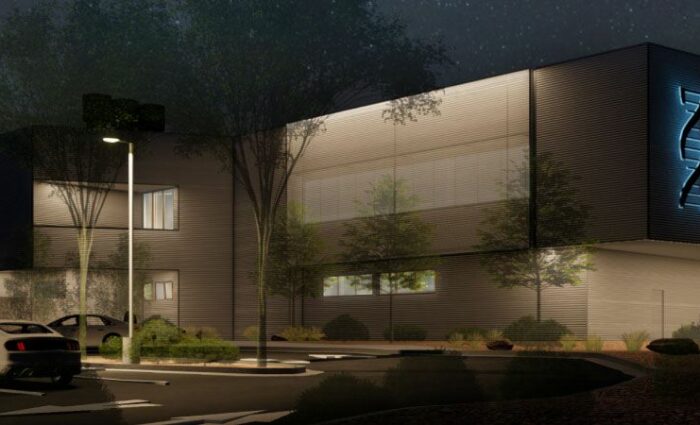 A dusk photo of the NMDPS New Forensic Lab. Designed by Dekker Perich Sabatini.