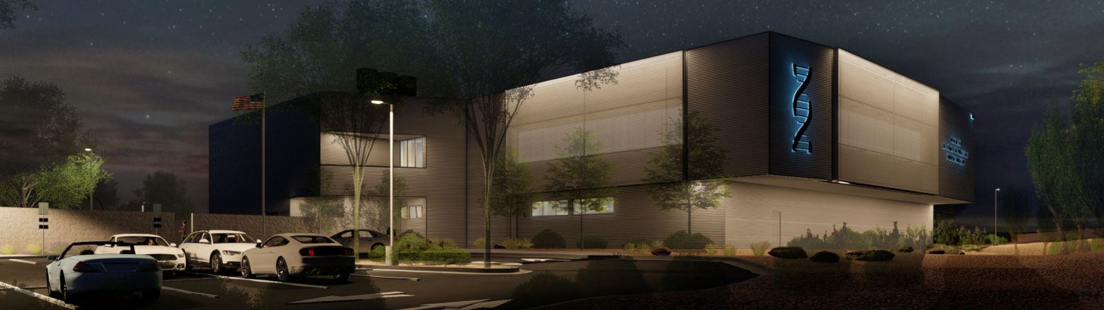 Feature_New_B A dusk photo of the NMDPS New Forensic Lab. Designed by Dekker Perich Sabatini.