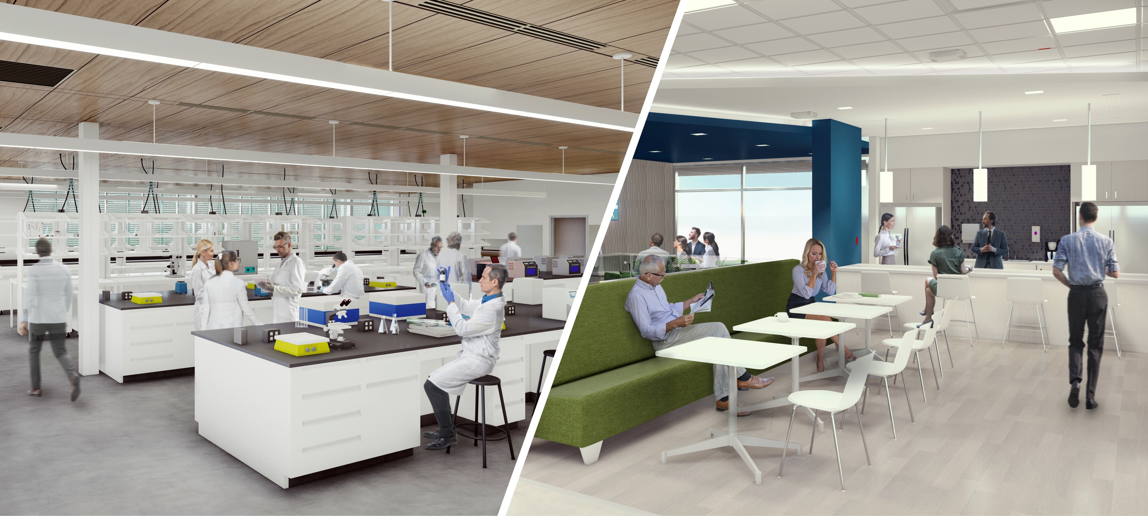 A graphic showing examples of lab space and employee breakroom at a laboratory facility