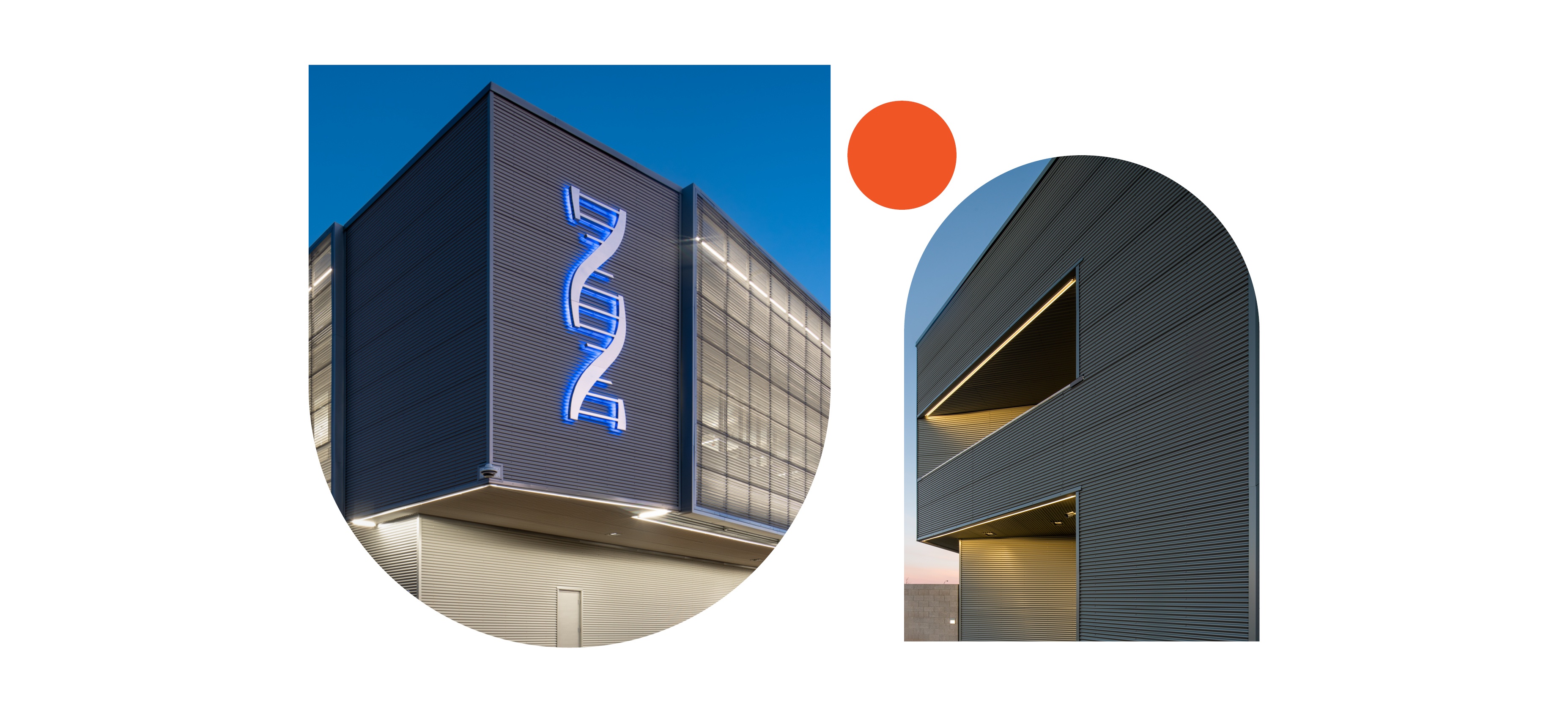 Forensic Lab_ProjectPage Graphics-Ext A graphic showing exterior images of a forensic lab design by Dekker Perich Sabatini.
