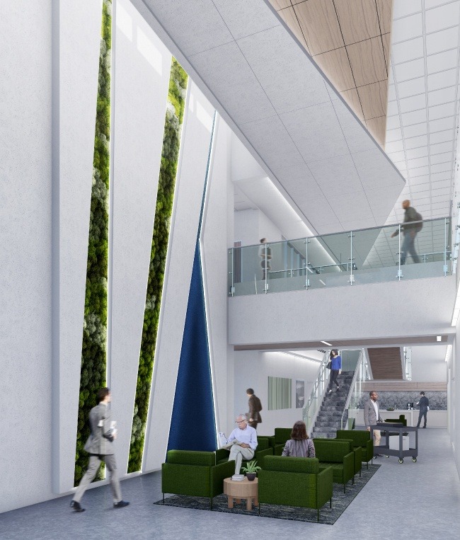 Rendering of a forensic lab lobby designed by architects Dekker Perich Sabatini.