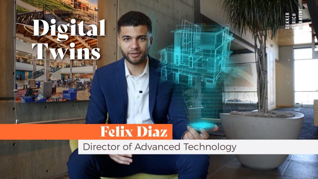 Video thumbnail showing the subject, Felix Diaz projecting a hologram of a building out of his phone. The video title, Digital Twins, is displayed.