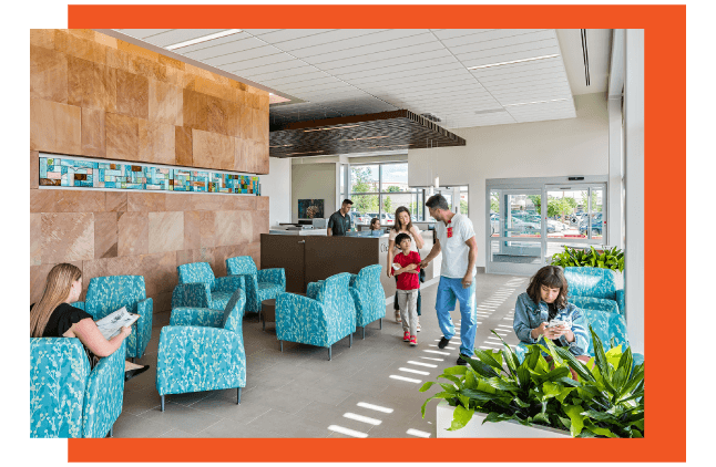 People in the lobby of a medical office building. Designed by Dekker Perich Sabatini, who has offices in Phoenix.